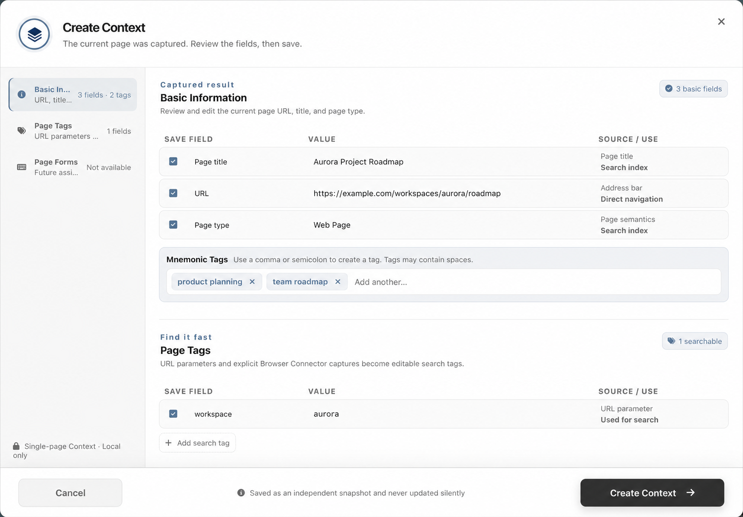 TabTar Create Context review with sample page details and mnemonic tags