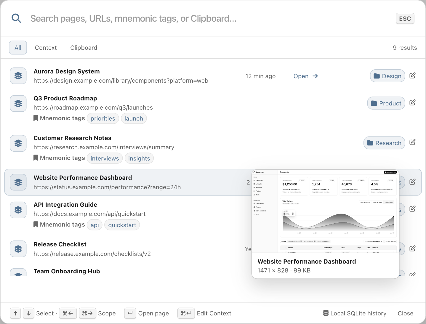 TabTar Quick Search showing sample Context results, categories, and a light page screenshot preview